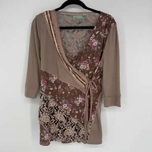 HUMMING BOHO STYLE WRAP BLOUSE SIZE LARGE MIXED MEDIA LACE SEQUINS KNIT